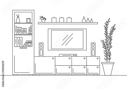 Linear sketch of the interior. Bookcase, dresser with TV and shelves. Linear sketch of the interior in a modern style.