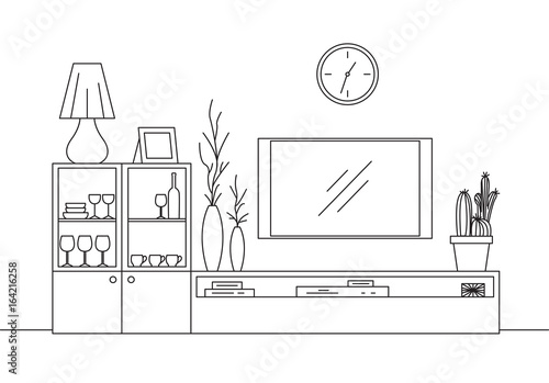 Linear sketch of the interior. Bookcase, dresser with TV and shelves. Linear sketch of the interior in a modern style.