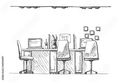 Sketch the room. Office chair, desk, various objects on the table. Sketch workspace. Vector illustration