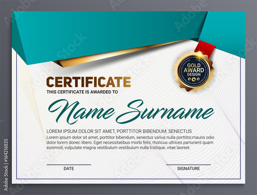 Vector certificate or diploma template with luxury line pattern and gold award emblem, Vector illustration