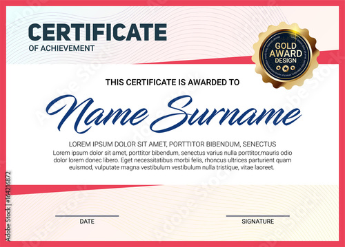 Vector certificate or diploma template with luxury line pattern and gold award emblem, Vector illustration
