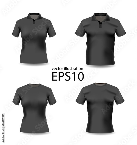 Set of woman and man clothes. Black color polo-shirt. Vector sportswear and uniform
