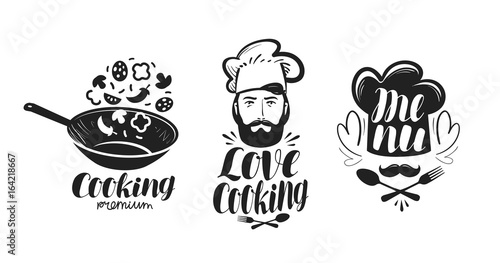Cooking, cuisine logo. Label set for design menu restaurant or cafe. Handwritten lettering, calligraphy vector illustration