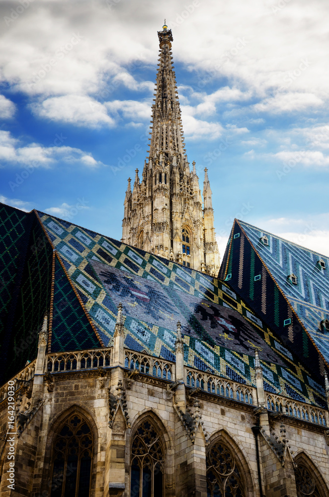 Fototapeta premium The cathedral of Vienna (Stephandsdom) dedicated to Saint Stephen, with its glazed tiles roof and the dome spire