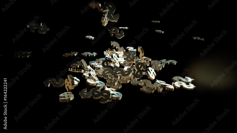 Fototapeta premium Signs of dollars falling on a pile. Volumetric models.