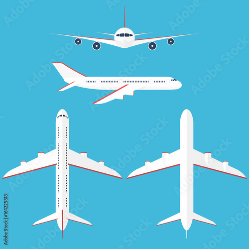 Airplane set in the sky. Commercial airplane in side, top, front and bottom view