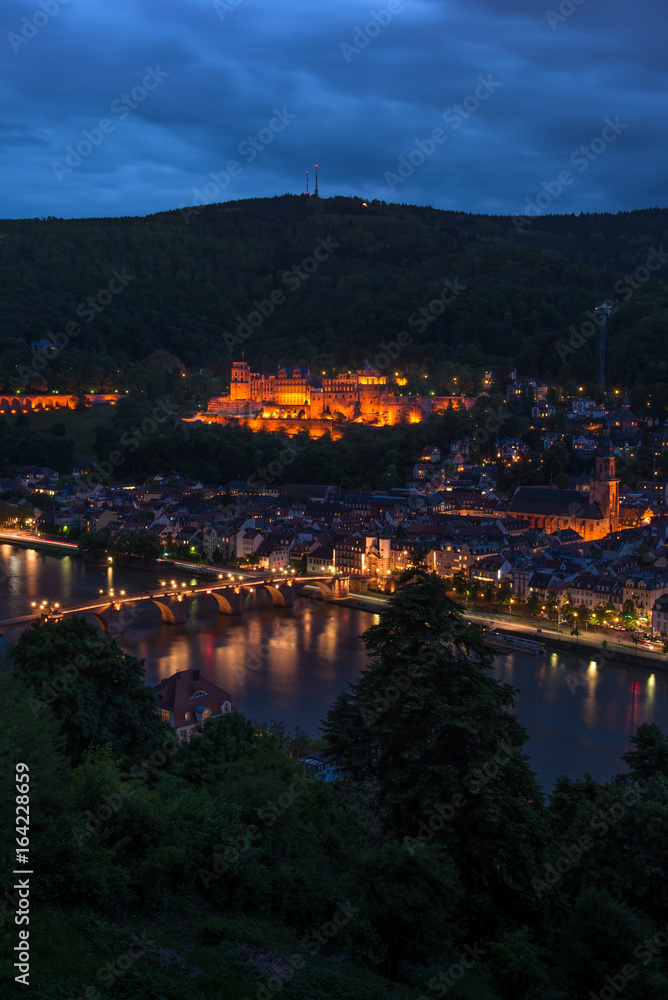 Heidelberg Castle at night from the hill, Baden Heidelberg Castle at night from the hill, Baden