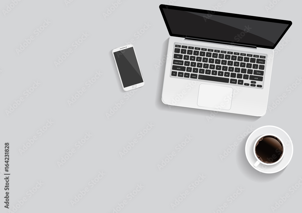 Minimal office with computer and a cup of coffee, vector illustration Minimal office with computer and a cup of coffee, vector illustration