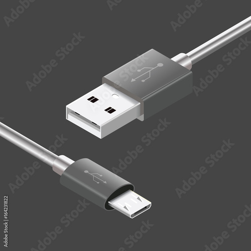 Micro USB cables on dark background. Connectors and sockets for PC and mobile devices. Computer peripherals connector or smartphone recharge supply
