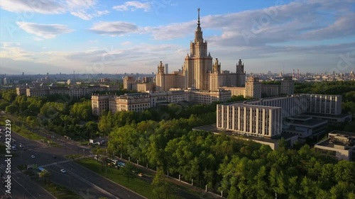 sunset evening moscow state university lomonosov prospect aerial panorama 4k russia
