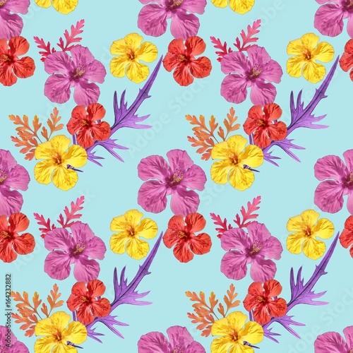 Fototapeta Naklejka Na Ścianę i Meble -  Hibiscus. Seamless pattern texture of flowers. Floral background, photo collage