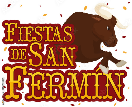 Sign, Bull and Confetti for Spanish Festival of San Fermin, Vector Illustration