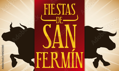 Bulls Silhouette and Red Label for Spanish San Fermin Celebration, Vector Illustration