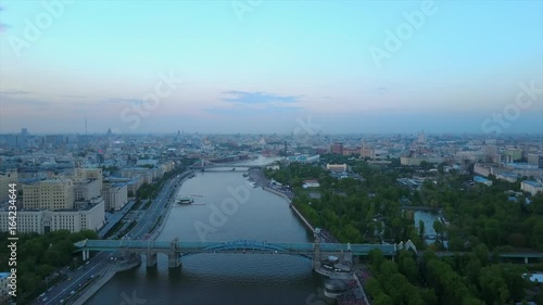 moscow river famous gorky park pedestrian bridge aerial twilight panorama 4k russia
 photo