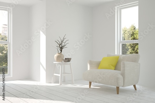 White minimalist room with armchair. Scandinavian interior design. 3D illustration
