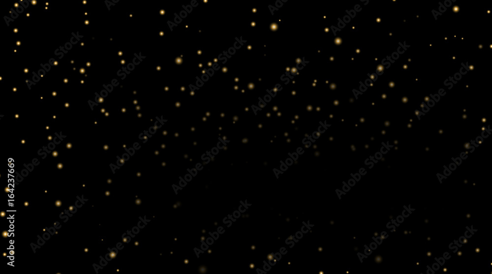 Night sky with gold stars on black background. Dark astronomy space template. Galaxy starry pattern wallpaper. Shiny golden stars, night sky universe. Cosmos stars wallpaper Vector illustration