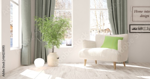 Idea of white modern room with armchair. Scandinavian interior design. 3D illustration