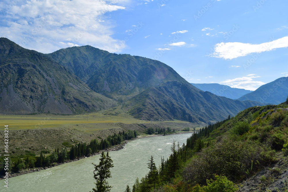 Landscape of Katun river and Altai mountains. Altay Republic, Siberia, Russia.