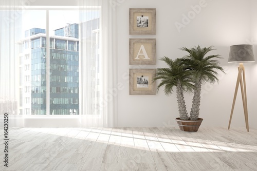 Idea of white empty room with flower and urban landscape in window. Scandinavian interior design. 3D illustration © AntonSh