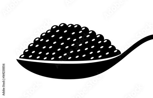 Black beluga sturgeon roe caviar on a spoon flat vector icon for food apps and websites