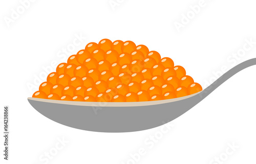 Orange salmon roe fish eggs on a spoon flat vector illustration for food apps and websites