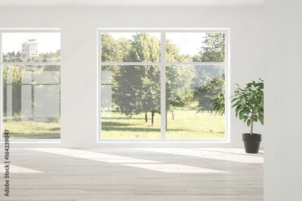 Inspiration of white empty room with summer landscape in window. Scandinavian interior design. 3D illustration Inspiration of white empty room with summer landscape in window. Scandinavian interior design. 3D illustration