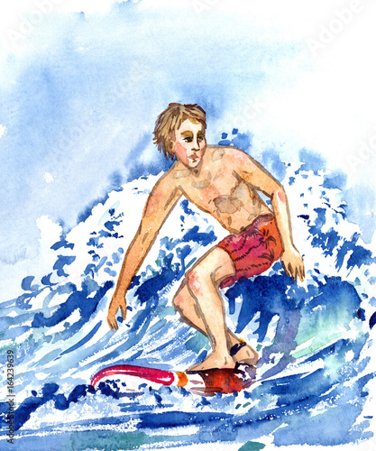 Man surfing on the wave, sea and sky background, hand painted watercolor illustration