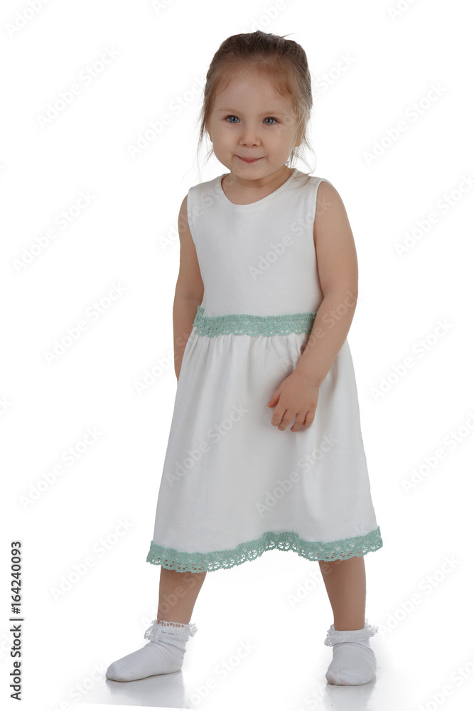 Cheerful little girl on white background isolated, vertical frame. Cheerful little girl on white background isolated, vertical frame.