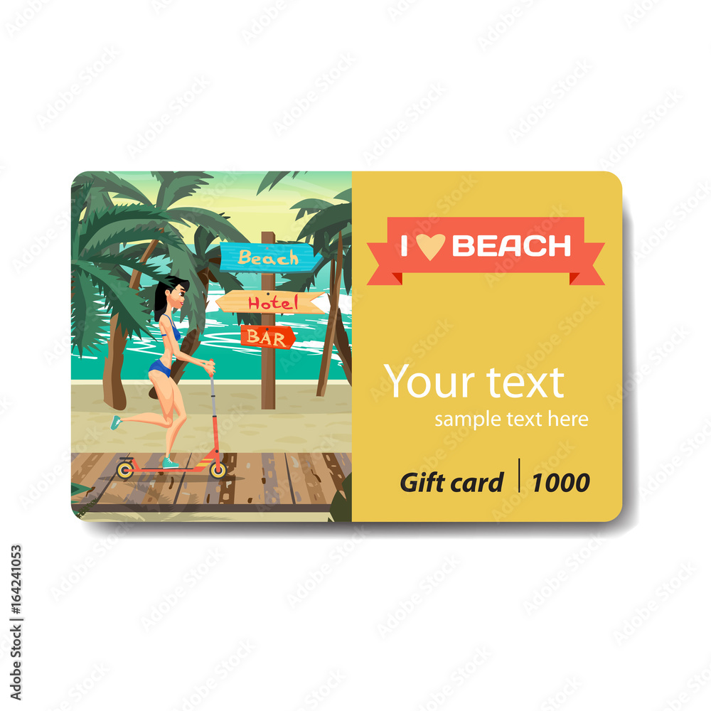 Obraz premium Young woman in a bikini is riding a kick scooter. Sale discount