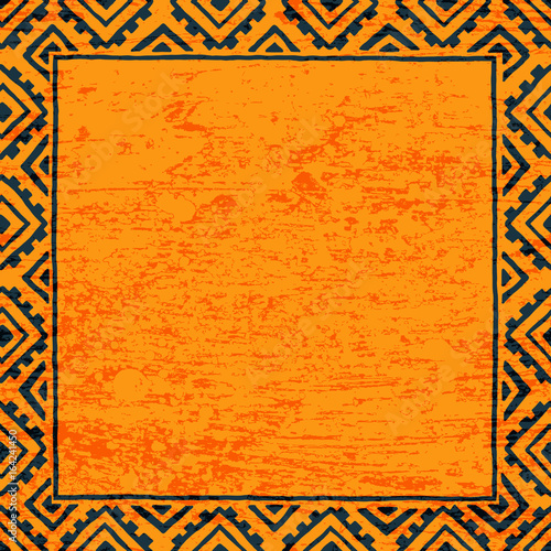 Empty square frame for your text. Black and orange color. Grunge texture. Vintage print. Ethnic and tribal motifs.