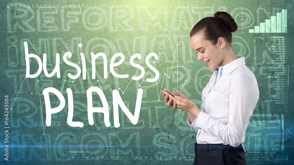 Beauty businesswoman on painted background with marketing words. Advertising, investment and business plan concept Beauty businesswoman on painted background with marketing words. Advertising, investment and business plan concept