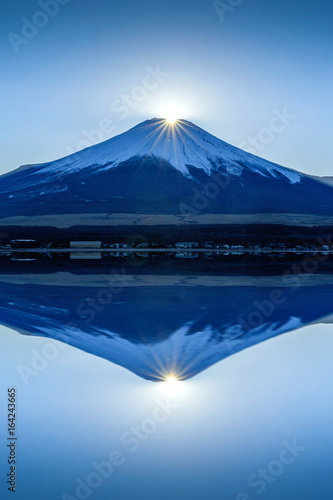 Sunset of the top of Fuji Mountain with Reflection called Double Diamond Fuji