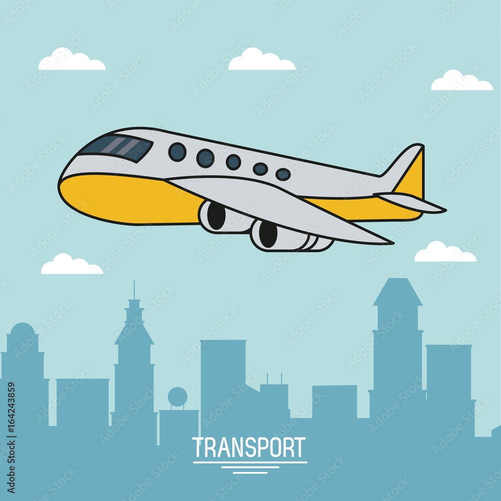 colorful poster of air transport with airplane in flight over city