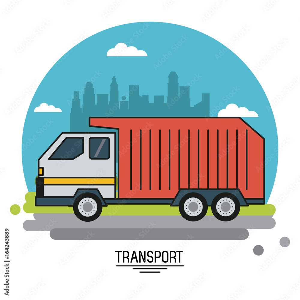colorful poster of transport with garbage truck on background outskirts of the city in shape of sphere