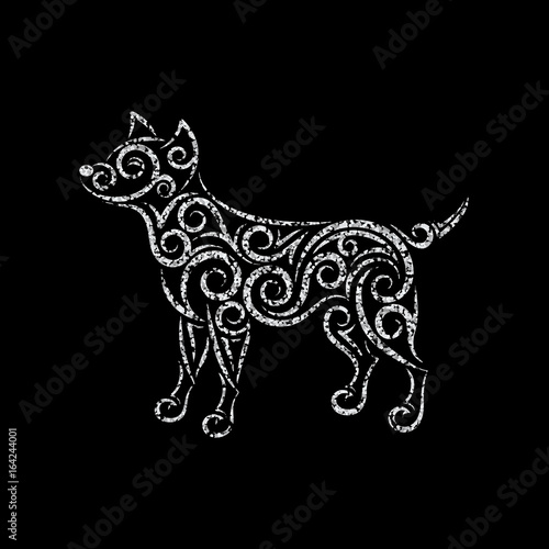 Openwork smiling dog silhouette made of separate lines  spirals and swirls. Symbol of the year 2018. Silver glitter on black background. Vector illustration.