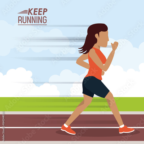 colorful poster keep running with woman athlete jogging in track