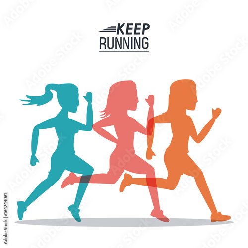 white background of poster keep running with colorful women silhouettes athletes