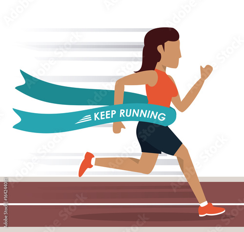colorful background with woman athlete running in track and crossing the finish line