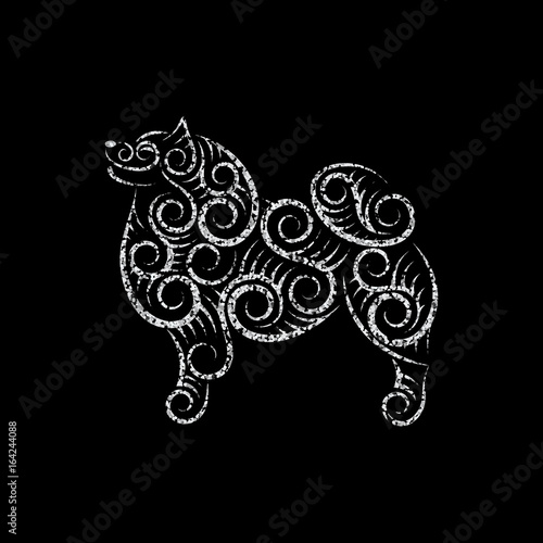 Openwork smiling dog silhouette made of separate lines, spirals and swirls. Symbol of the year 2018. Silver glitter on black background. Vector illustration.