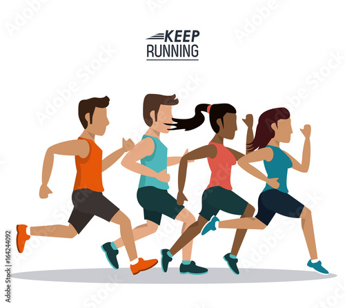 white background of poster keep running with male and female team of athletes