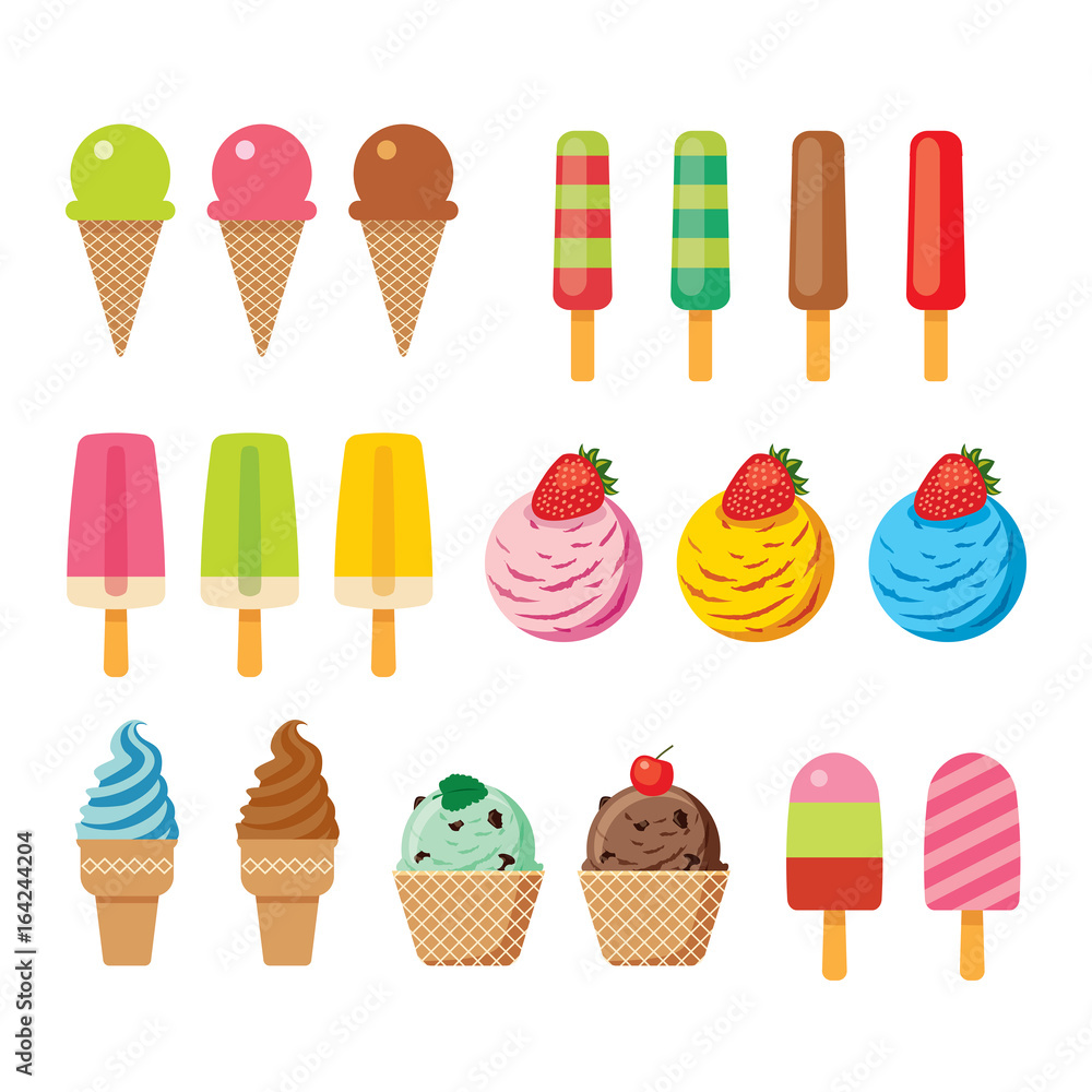 Ice cream set for summer flat design isolated background Ice cream set for summer flat design isolated background
