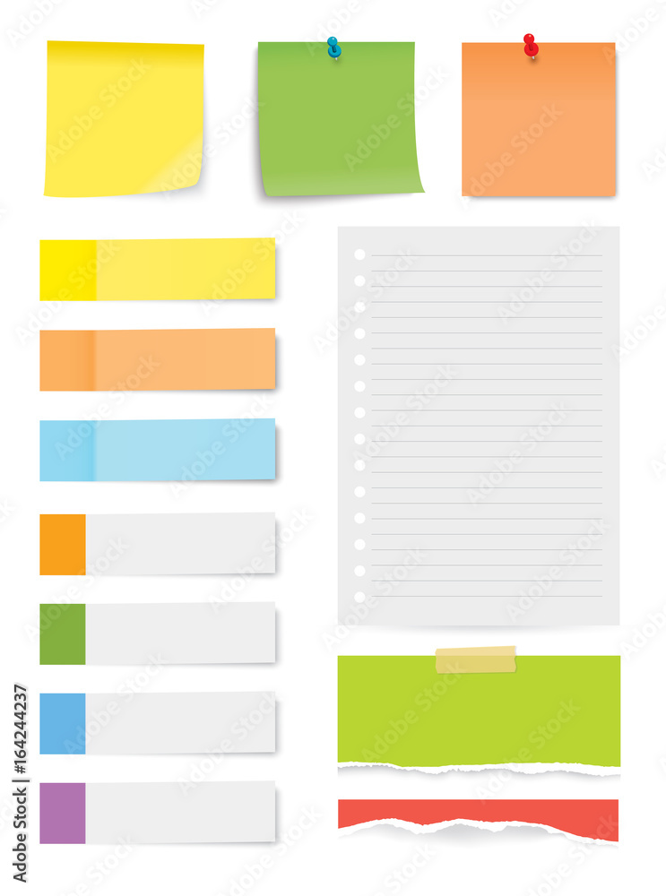 set of sticky note and torn paper sheets isolated background.