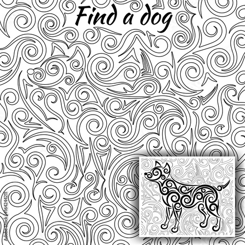 Coloring design for antistress therapy with swirls and spirals. Task Find a dog hidden in the picture. Hint attached. Vector illustration. 