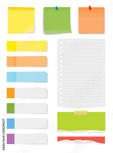 set of sticky note and torn paper sheets isolated background.