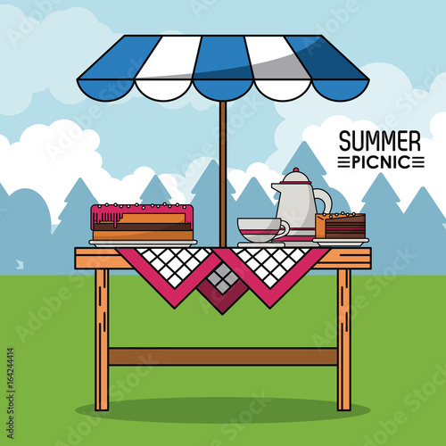 colorful poster of summer picnic with outdoor landscape and table with sunshade and pie and coffee jar with cup