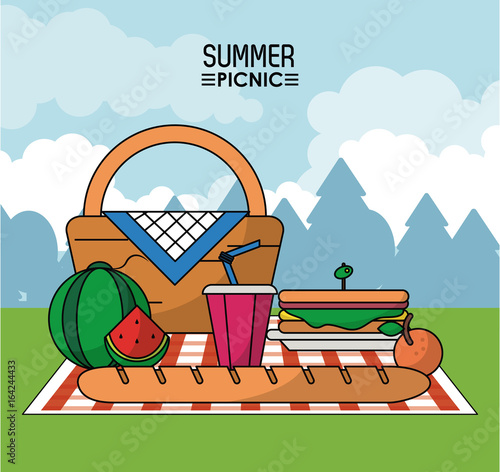 colorful poster of summer picnic with outdoor landscape and picnic basket in tablecloth with watermelon and sandwich and drink