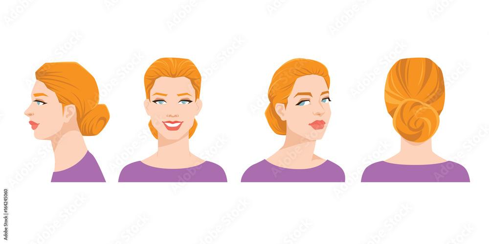 Vector illustration of woman's face on white background. Various turns  heads. Face in side view, front view, half-turn and back view. Women with  sheaf hairstyle Stock Vector | Adobe Stock