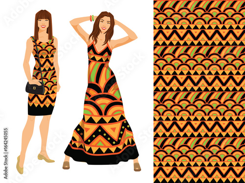 Vector illustration of brunette woman in dress with ethnic ornament. Young girls in expression pose isolated on white background. Pattern with ethnic ornament
