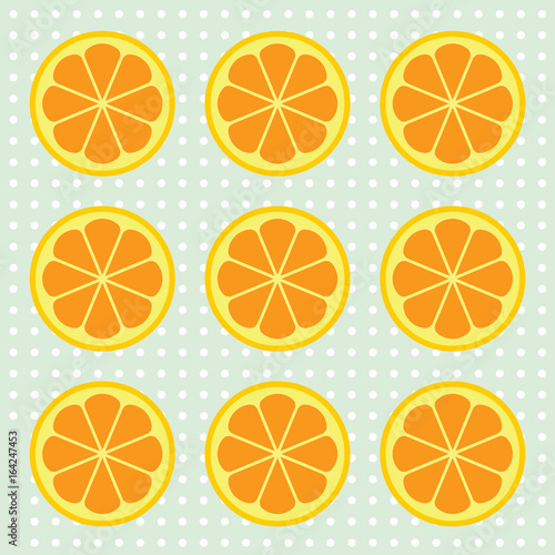 Orange slices pattern on white dot de york green background. Vector illustration.