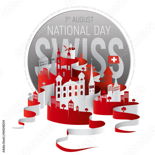 Poster or banner to the Switzerland National Day. Swiss cityscape vector illustration with historic buildings and text isolated on white background